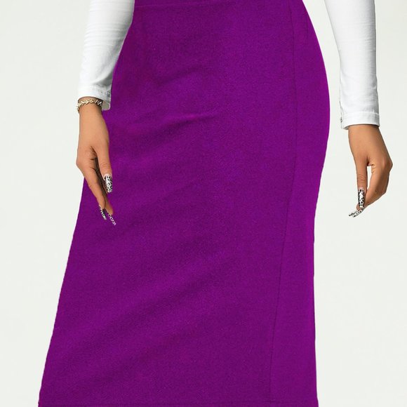 Solid High Waist Skirt, Elegant Bodycon Midi Skirt - Picture 4 of 5